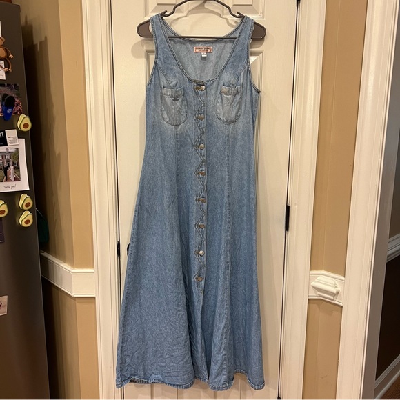 Vintage Guess Denim Midi Dress Button Down Sleeveless Y2K Western Boho Indie - Picture 1 of 7